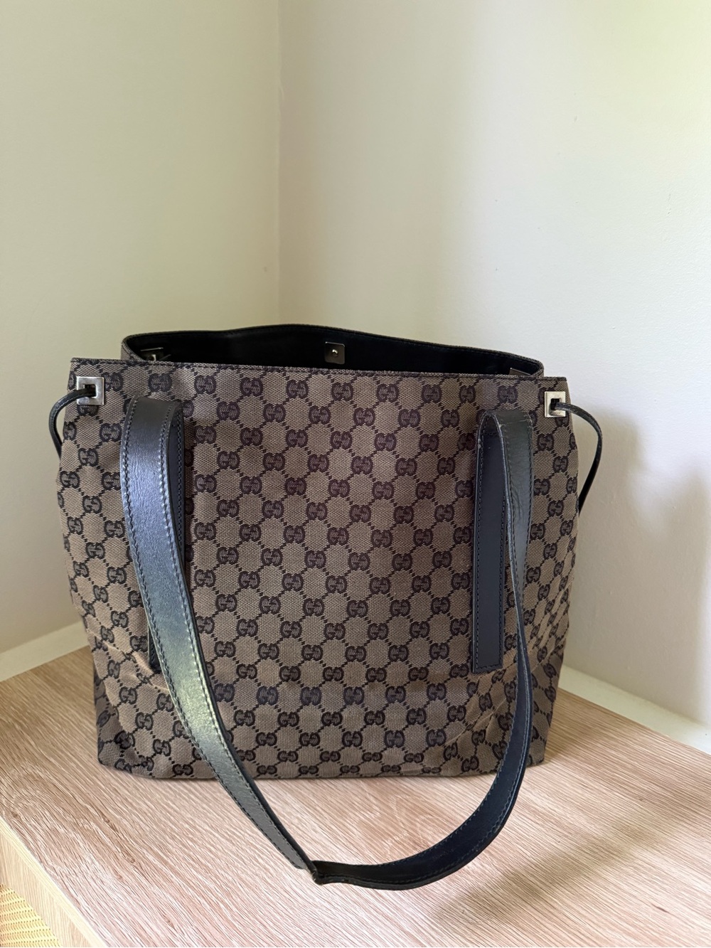 Gucci Beige & Brown GG Canvas Tote with Black Leather Straps